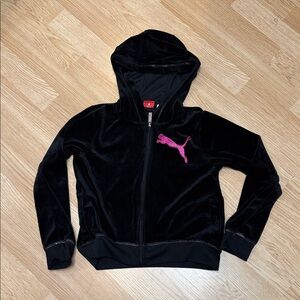 Puma Kids Black Velour Hoodie with Pink Logo